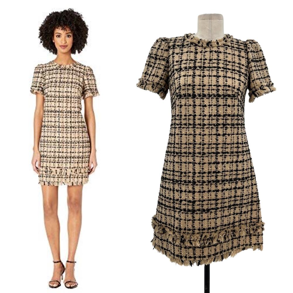 Kate Spade Two-Tone Tweed Dress Shift Mini‎ Check Plaid Tan Black Size US 2